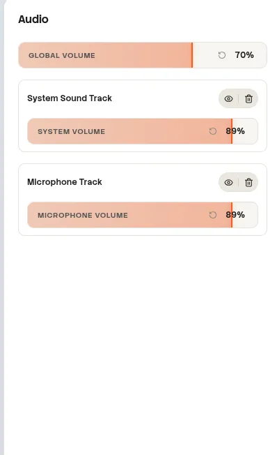 Beam Audio panel with global, system, and microphone volume controls