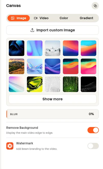 Beam Canvas properties with background tabs and presentation controls