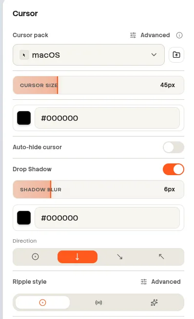 Beam Cursor panel with pack, appearance, click, and motion controls