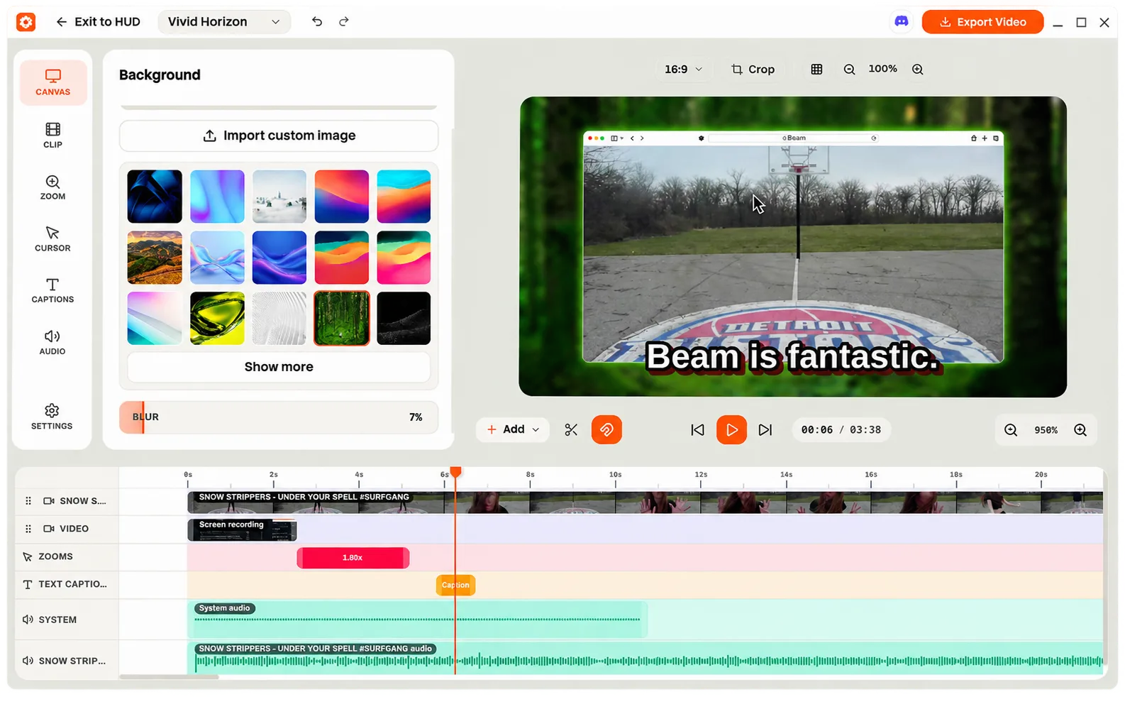 Beam editor showing a recorded project with its canvas and timeline