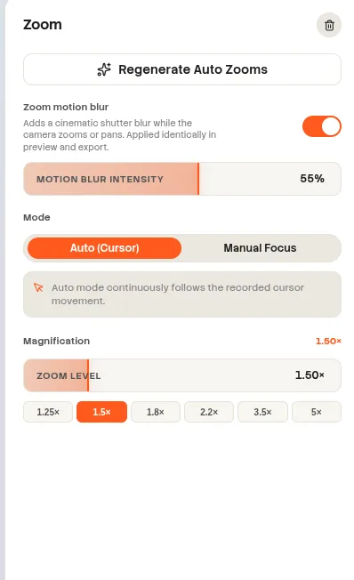 Beam properties for a selected zoom