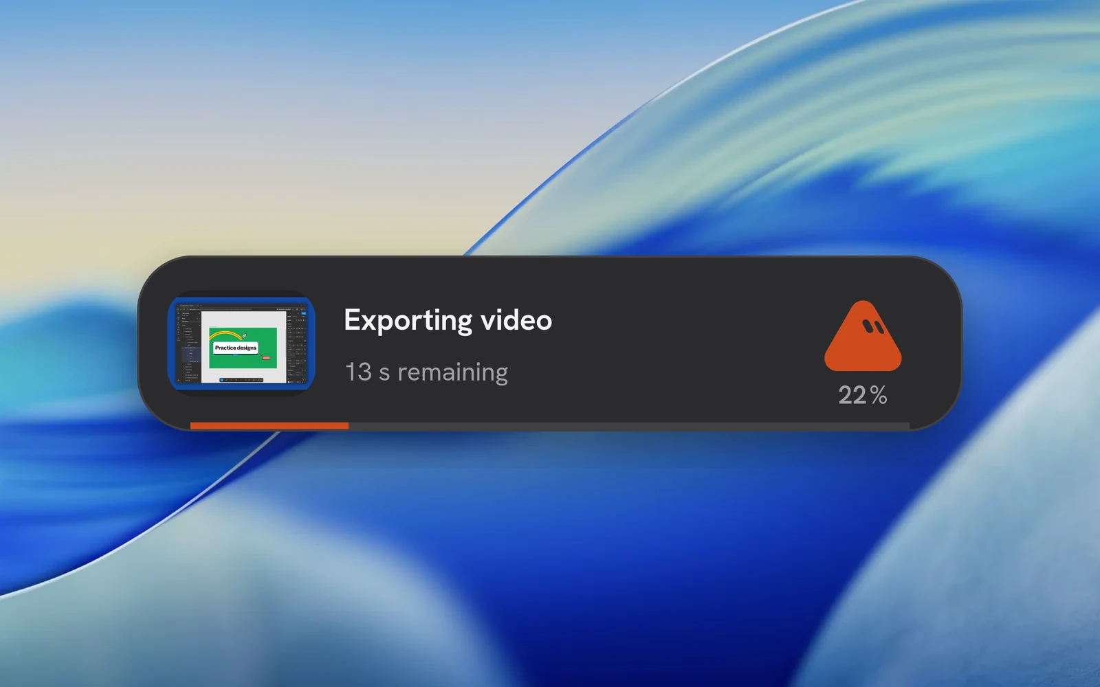 Beam’s Instant export status on a macOS desktop, with a composed Figma preview, 22% progress, 13 seconds remaining and the orange Beamy mascot.
