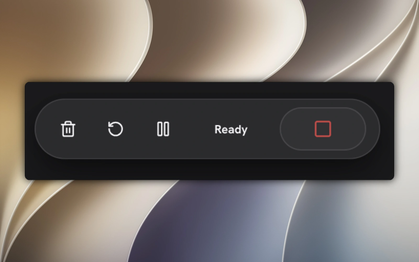 Beam recording bar showing delete, restart, pause, Ready status and the red stop control.