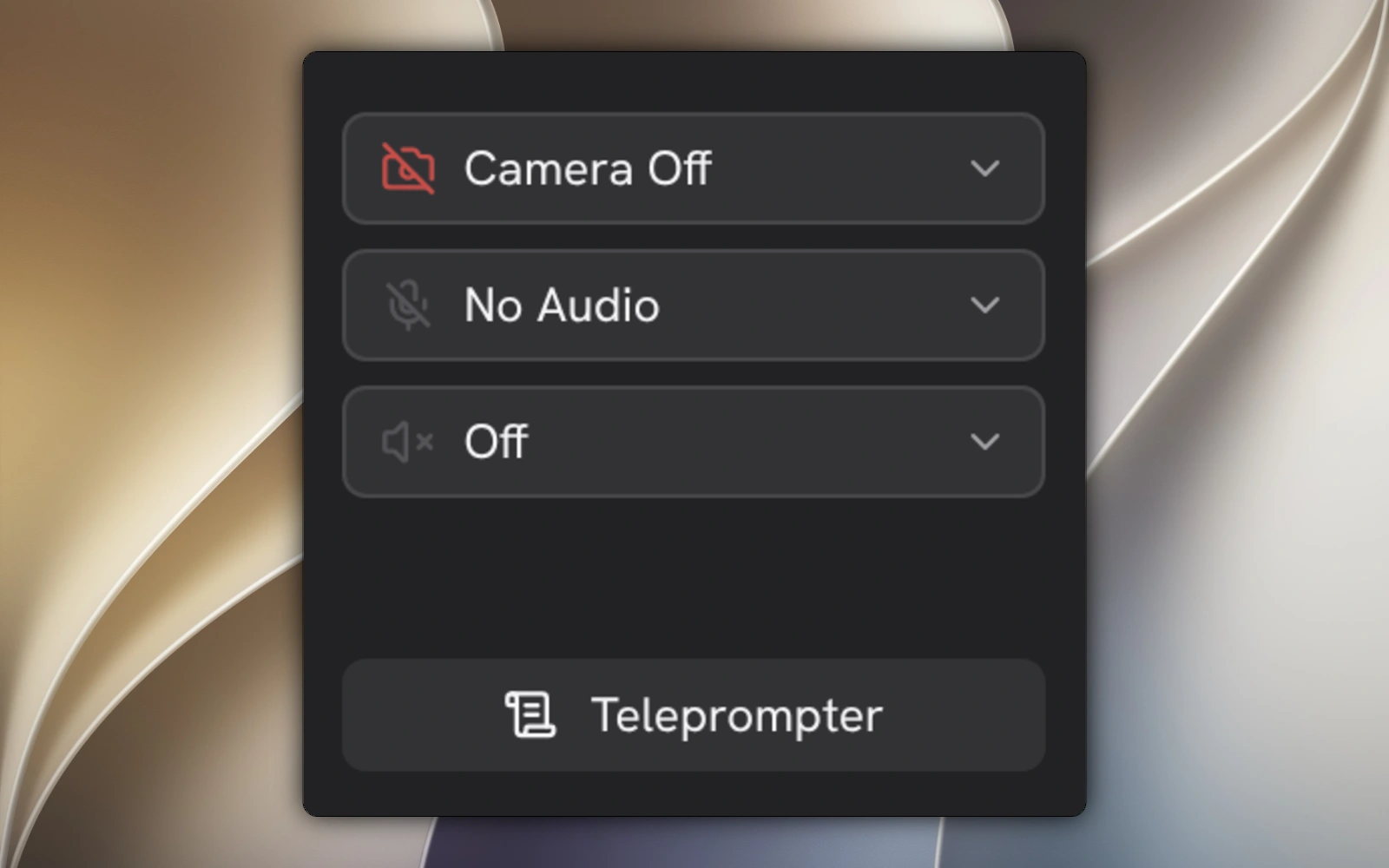Recorder device controls showing Camera Off, No Audio, speaker output Off and the Teleprompter action.