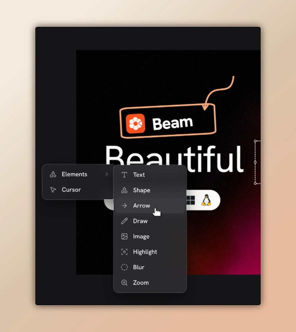 Screenshot Elements menu with Arrow highlighted, alongside text, shape, drawing, image, highlight, blur and zoom tools over the Beautiful Captures composition.