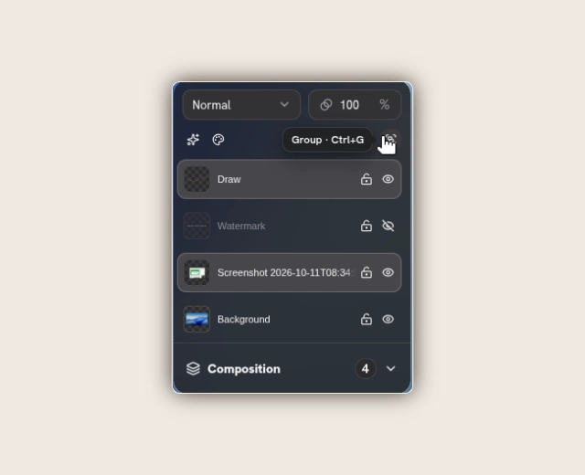 Screenshot Editor Composition panel with Draw, Watermark, Screenshot and Background layers, Normal blending, 100% opacity, visibility and lock controls, and the Group · Ctrl+G tooltip.
