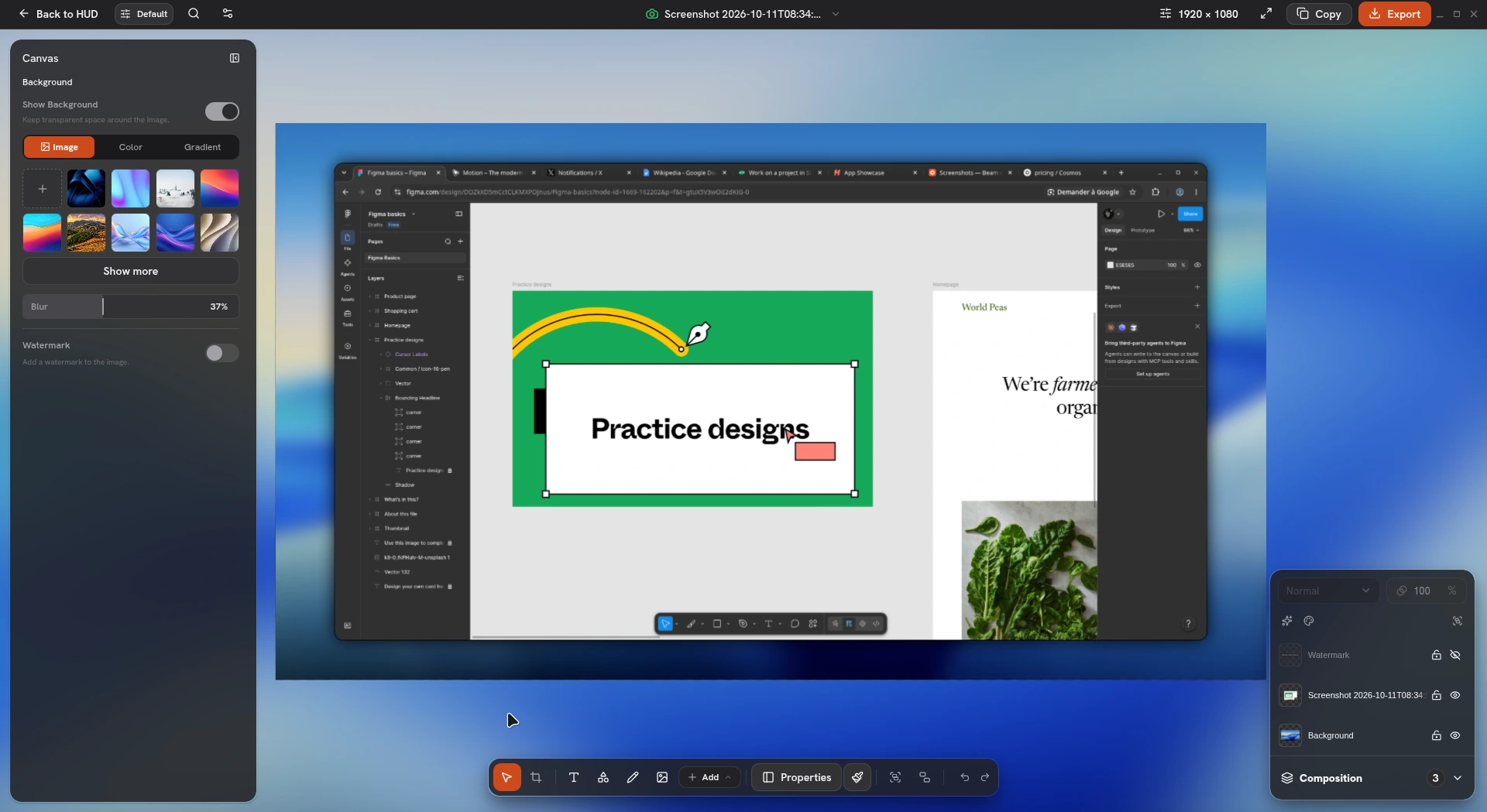 Screenshot Editor with a Figma capture on a blue background, Canvas settings on the left, the annotation toolbar below and Composition layers on the right.
