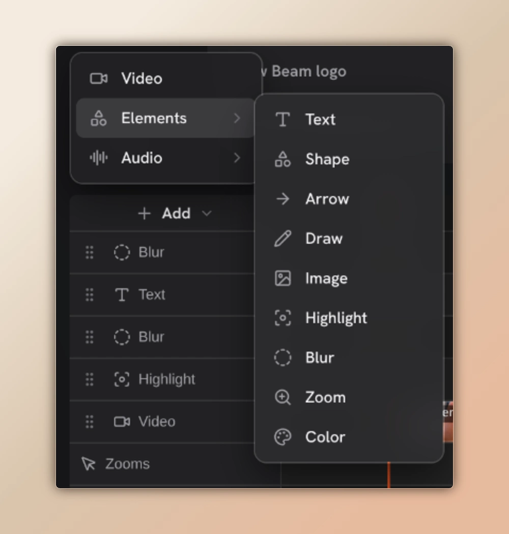 Studio Add menu with Video, Elements and Audio; the Elements submenu lists Text, Shape, Arrow, Draw, Image, Highlight, Blur, Zoom and Color.