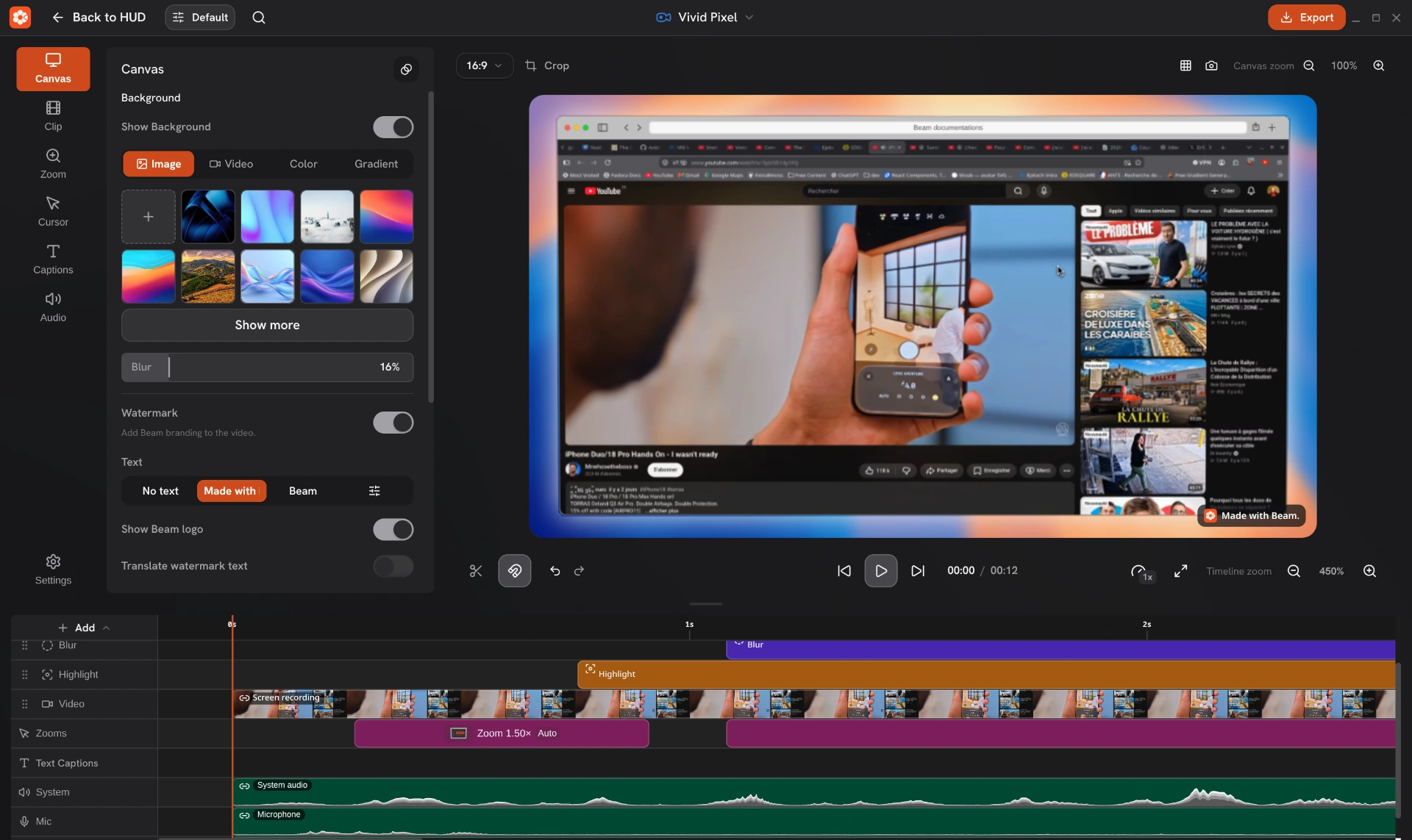 Studio with Canvas settings, a framed recording preview, playback controls, zoom blocks and system-audio and microphone tracks.