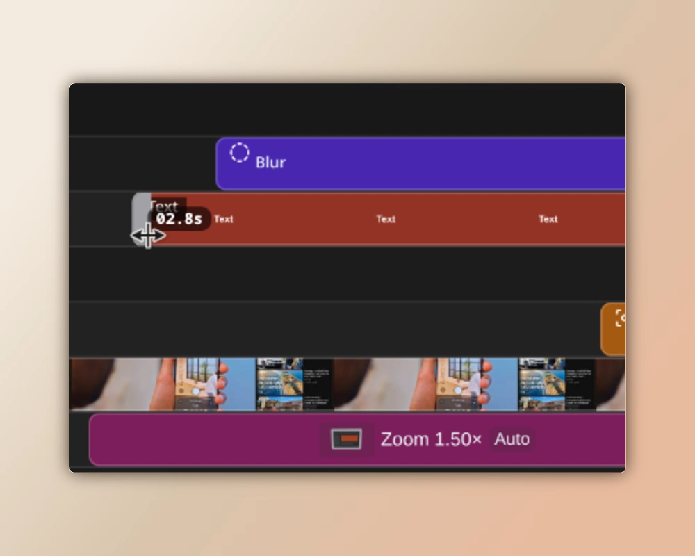 A text layer being trimmed on the Studio timeline, above video thumbnails and a 1.50× automatic zoom block.