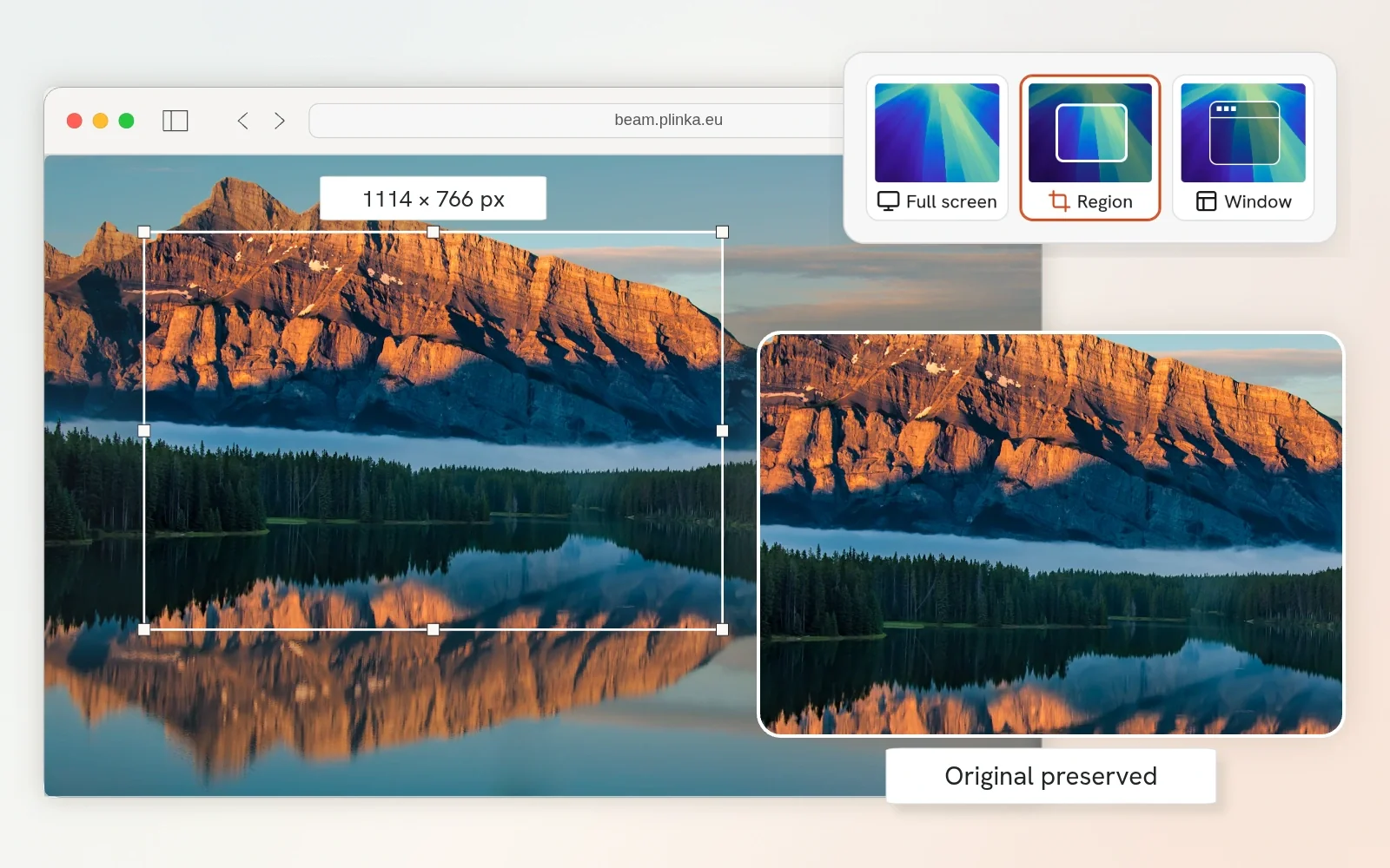 A Beam composition showing a selected region, its pixel dimensions and the cropped result alongside the preserved original.